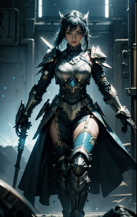 ((Highest quality masterpiece)): This image showcases a stunning anime goddess with intricately designed armor and a mechanized valkyrie look. The details are impeccable, from the fluorescent blue luminous details on her body to the broken and embarrassing...