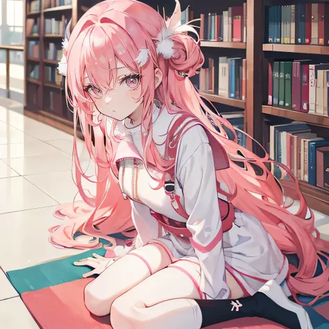 Coral pink hair，long hair，hair over one eye，gray eyes，feather hair ornament，cute，girl，JK，Wear white knee-high socks，whole body，Kneel and sit on the ground，Dont show your arms，The background is the library