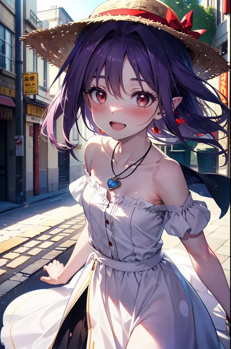 yuukikonno, Konno Yuuki, hair band, long hair, pointed ears, purple hair, (red eyes:1.5), (small breasts:1.2), smile,blush,open your mouth wide,straw hat,White long skirt integrated dress,bare shoulders,bare clavicle,Bare neck,bare arms,Cute Sandals,bend f...