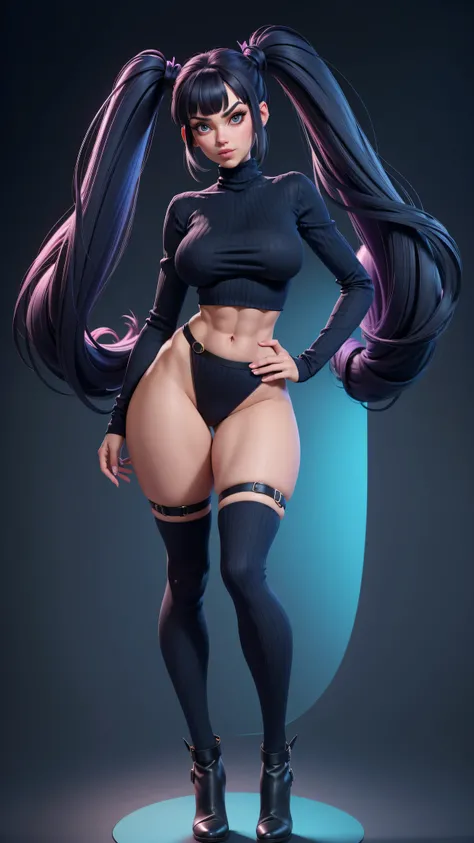 Juri Han de Street Fighter,  gros seins, grande largeur, Largeur gigantesque, ABS, seulement, cheveux longs, crop top noir, regardant le spectateur, fond bleu, cheveux noirs avec des rares meches violettes dans les cheveux noirs, fond simple, two side up, ...