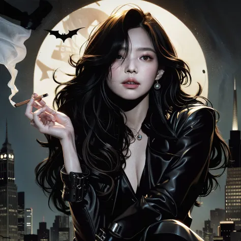 un primer plano de una mujer con un cigarrillo en la mano, in estilo de charlie bowater, estilo de charlie bowater, adam hughes,...