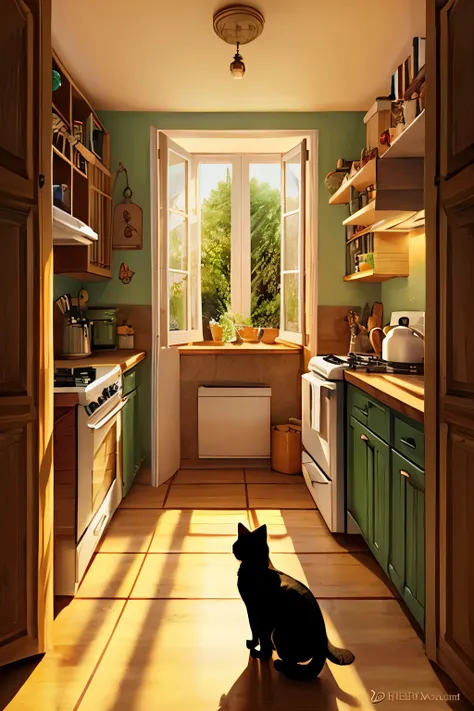 There is a painting of a woman in a kitchen with a cat., a storyBook Illustrations inspired by Anton Pieck, Featured on Pixiv, magical realism, Full page illustrations, Illustrations for children, children Book Illustrations, children’s Book Illustrations,...