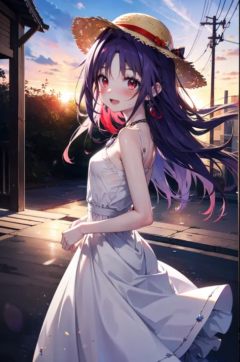 yuukikonno, Konno Yuuki, hair band, long hair, pointed ears, purple hair, (red eyes:1.5), (small breasts:1.2), smile,blush,open your mouth wide,straw hat,White long skirt integrated dress,bare shoulders,bare clavicle,Bare neck,bare arms,Cute Sandals,bend f...