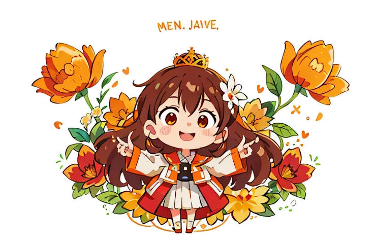 Girl with long brown hair，Wearing a white wedding suit，（with crown），In the sea of orange flowers，colorful，Dance（with love）happy（surrounded by love），O sign，vector，line art，design，inspiration，straight line，RHAD