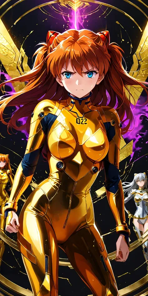 diy16,masterpiece,4k,illustration style,best lighting,depth of field,((asuka langley shikinami)),gold foil eva armor,intense bat...