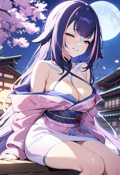 ((shylily)),(masterpiece:1.2),(best quality:1.2),anime, one girl, colorful hair,、 Hair is tangled,, Kyoto, cherry blossoms、petal、moon, pink patterned kimono, off shoulder, sitting, alone,cleavage、smile