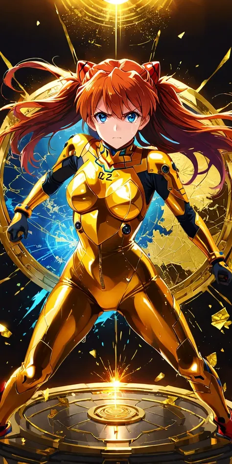 diy16,Masterpiece,4k,illustration style,best lighting,depth of field,((asuka langley shikinami)),gold foil eva armor,intense battle scene,glowing eyes,dynamic pose,mid-attack,gold and red accents,gold foil throne room,regal attire,commanding presence,intri...