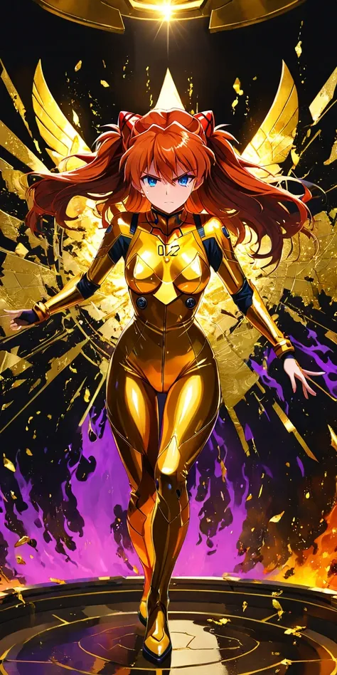 diy16,masterpiece,4k,illustration style,best lighting,depth of field,((asuka langley shikinami)),gold foil eva armor,intense bat...