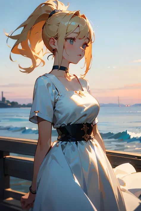 highest quality、masterpiece、 perfect face、seaside、Twilight、white dress、larger breasts、ponytail、blonde、earrings、choker、breeze、Smooth Hair、22 years old、evening、arm、Looks lonely