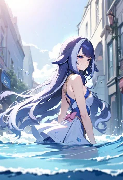 ((shylily)),(masterpiece:1.2),(best quality:1.2),(Background), masterpiece, best quality,Illustration, Wallpaper, ultra detail, absurdres, 1girl, solo, (liquid hair:1.2), beautiful detailed eyes,
bangs, cowboy shot, long hair, magical girl, waves,  water, ...