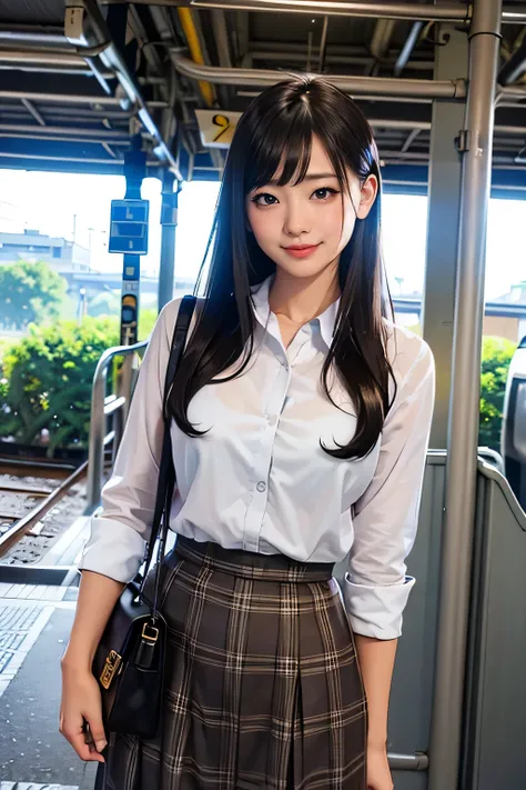 As the train approaches the railway platform, a beautiful office lady is waiting for the train, feeling like she is heading to work, 3girl, skirt, bag, masterpiece, looking away, outdoors, business suit, various hair, black hair, ground vehicle, plaid, rea...