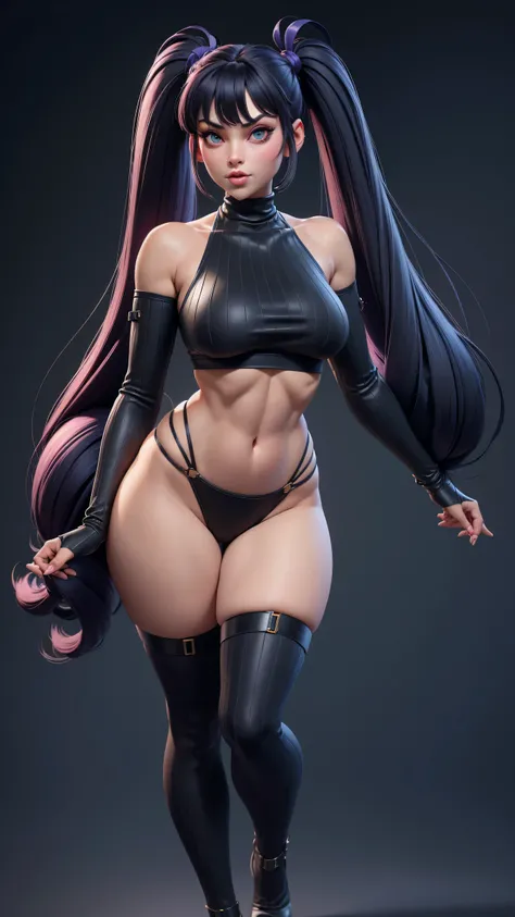 Juri Han de Street Fighter,  gros seins, grande largeur, Largeur gigantesque, ABS, seulement, cheveux longs, crop top noir, regardant le spectateur, fond bleu, cheveux noirs avec des rares meches violettes dans les cheveux noirs, fond simple, two side up, ...