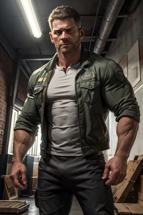 an award-winning original photo, 1 man, solo, ((41 year old)), chris redfield, ((daddy)) weaing casual gray t-shirt inside, ( ja...