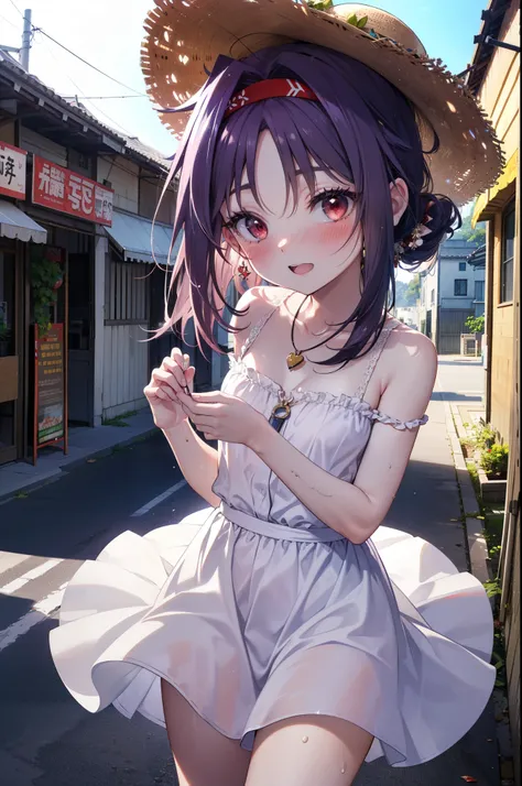 yuukikonno, Konno Yuuki, hair band, long hair, pointed ears, purple hair, (red eyes:1.5), (small breasts:1.2), smile,blush,open your mouth wide,straw hat,White long skirt integrated dress,bare shoulders,bare clavicle,Bare neck,bare arms,Cute Sandals,bend f...