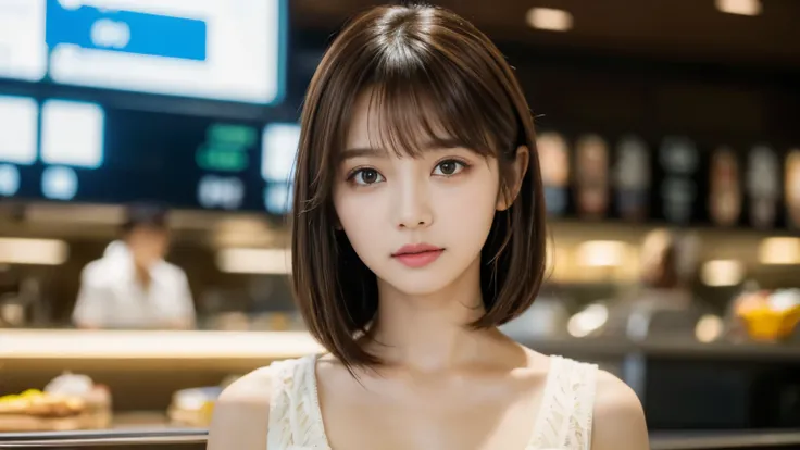 (masterpiece, Super detailed, very detailed, exquisite, 16k, confused), woman, 19 years old, glamorous, (Refreshing breeze:1.4), looking at the viewer, short hair, messy hair, diagonal bangs, brown hair, brown eyes, Upper body, cinematic lighting, Blurry b...
