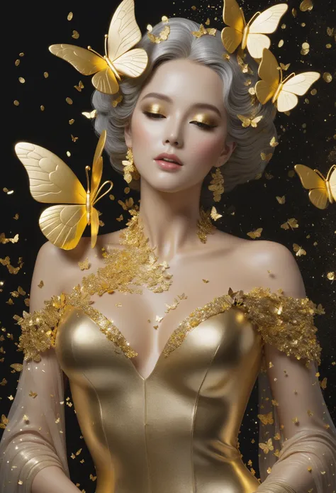 gold leaf art：1.5.Made of platinum，statue，Still Life Table Setting，dark background，Woman portrait sculpture，look up，Golden butterfly on cheek，Hollow butterfly wings，Gold Crumbs，Gold particles，modern style, High resolution, artwork，Advanced complex technolo...