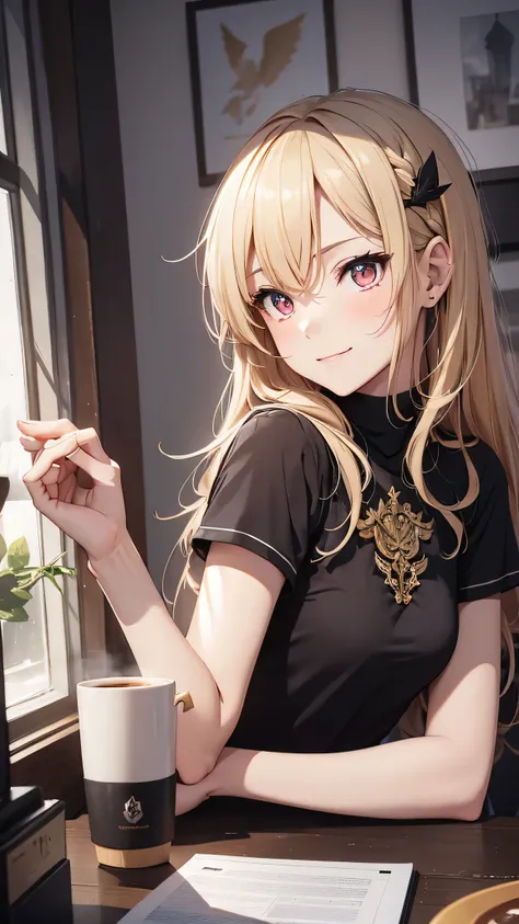 最high quality、best image quality、masterpiece、girl((18-year-old、 By becoming、vest bust、medium bust,wide open breast tea、red glowing eyes, blonde、messy hair、long hair、thin,highest valley、Black open-neck short-sleeved shirt、open chest、White wristband、smile、Le...