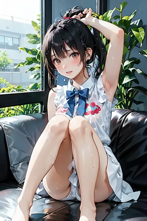 realistically, 1 girl, ponytail, brown eyes, glowing eyes, white short skirt, Blush, daytime, Wet from the rain, see through, Sit with your knees raised., sleeveless shirt, nipples, armpit, pussy, 16 years old, crotch, Spread your legs