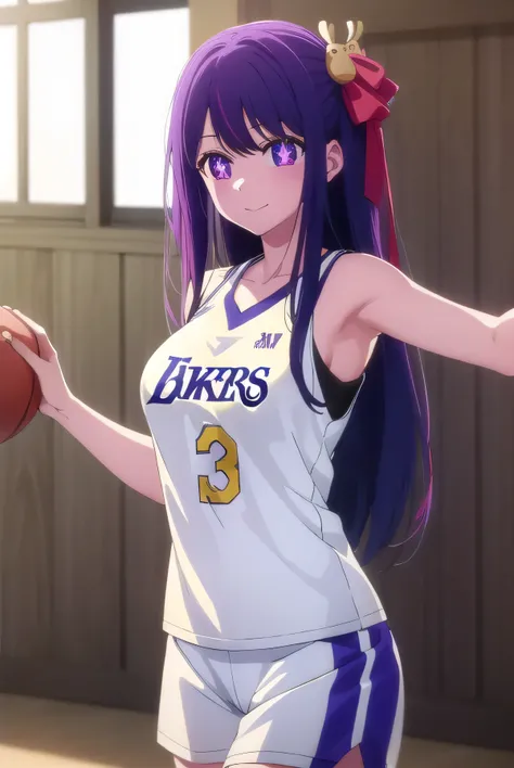 aihoshino, ai hoshino, long hair, bangs, (purple eyes:1.1), purple hair, (symbol-shaped pupils:1.5), smile,
BREAK one side up, hair ornament, hair ribbon, 1girl,Lakers yellow basketball uniform, lakers written on jersey 
BREAK indoors, basketball court 
BR...