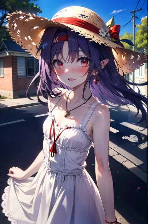 yuukikonno, Konno Yuuki, hair band, long hair, pointed ears, purple hair, (red eyes:1.5), (small breasts:1.2), smile,blush,open your mouth wide,straw hat,White long skirt integrated dress,bare shoulders,bare clavicle,Bare neck,bare arms,Cute Sandals,bend f...