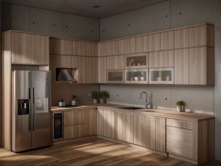 (RAW photo:1) , (masterpiece),(high quality),(realistic), super detailed,a morden kittchen room  ,  a morden kitchen with ,a metal refrigerator and sink , and a microwave and dishwasher, wooden floor, light color tone