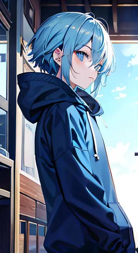 blue hair、blue eyes、Stinking eyes、hooded hoodie、Overall image