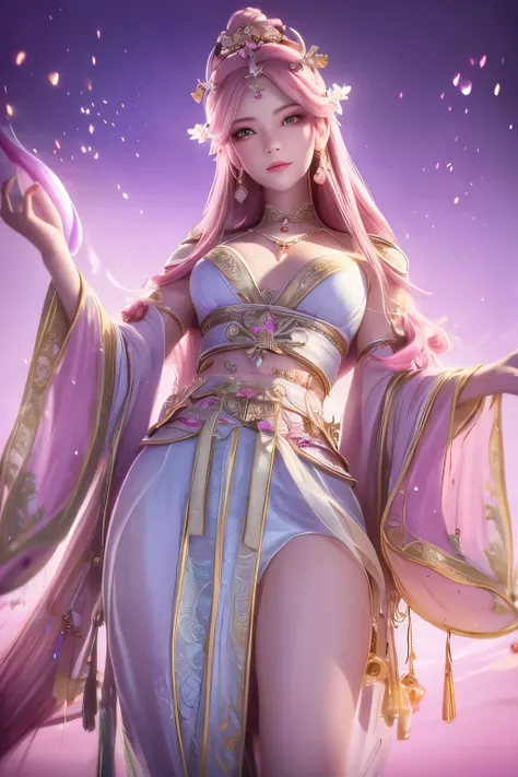 goddess descending, the afterglow, the profit, the beautiful woman,look at the front, the pink background,it's very detailed.wit...