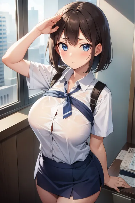 ,1 girl,Navy Blue American Police,navy blue mini skirt,blue eyes,serious face,brown hair,bob hair,New York City,big breasts,blush,Sweat,diagonal,thin,Director&#39;s Office,Are standing, salute,