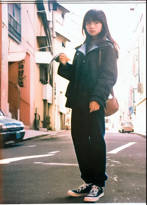 color unsharp masking quality. (A young Japanese woman as extreme small as chihuahua). thick outline. blurry photo. color slide film. 1958.