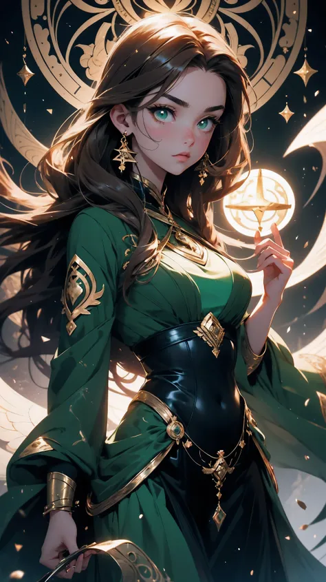 beautiful young girl, with brown hair, she holds scales in her hands, symbol of balance, her zodiac sign is Libra, femme fatale, beautiful dark green dress, zodiac theme, mystical atmosphere, hd, 8k