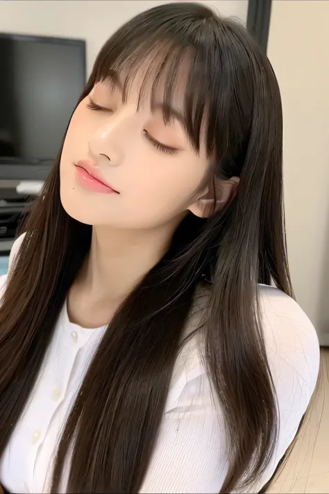 ((((Kissing face with closed eyes))))　(Her hair is very long and straight, Up to the waist.)　(Her hair is incredibly long, Her waist is long, And very straight.)　(one japanese woman, 24-years-old)　(Her long bangs, Reaching up to her eyes, Well-organized..)...