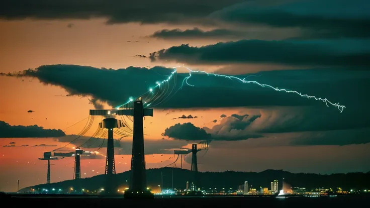 electrical transmission networks, luz do dia, paisagem bonita ao fundo com torres e antenas em contraste, imagem colorida