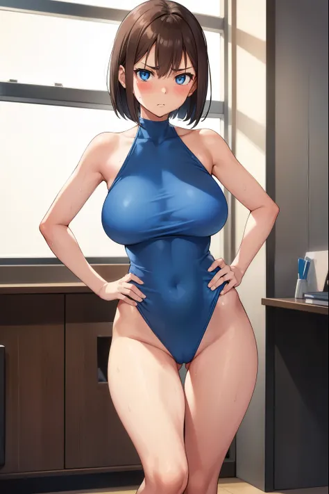 1 girl,Blue leotard,Super High Leg Cut,blue eyes,serious face,brown hair,bob hair,New York City,big breasts,blush,Sweat,barefoot,bare hands,diagonal,thin,Director&#39;s Office,Standing,put your hands on your hips