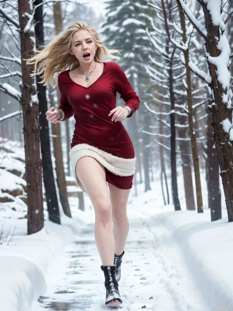 masterpiece, best quality, russian gorgeous woman 64 years old running through the forest through snowdrifts, bare footed, blond...