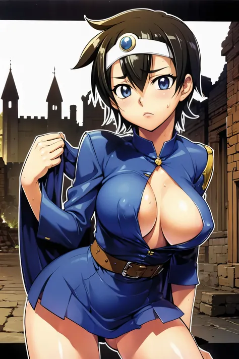 1girl:1.5, masterpiece, best quality, best detail, best proportion, best anatomy, best face, best shaped breasts, armor, black short hair, slanted eyes,  cute, sad, inazuma, inazuma_irotsuki,roto (dq3), cowboy shot, gb, The ruins of the castle