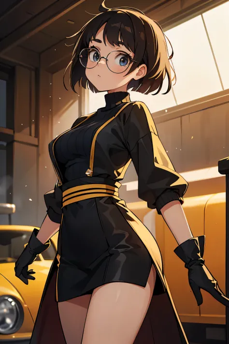 Wide angle shot, beautiful female fighter, wearing large glasses, black undercut hair, wearing large iron gloves, black and yellow Turtleneck outfit