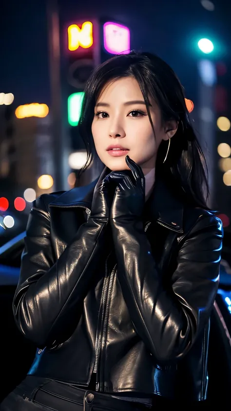 black leather rider jacket, office in the dark, Fingertips of black leather gloves on both hands,wearing black leather gloves,sitting in a black leather chair、 Japanese female new employee (black leather gloves cover both hands) (The angle is horizontal)、b...