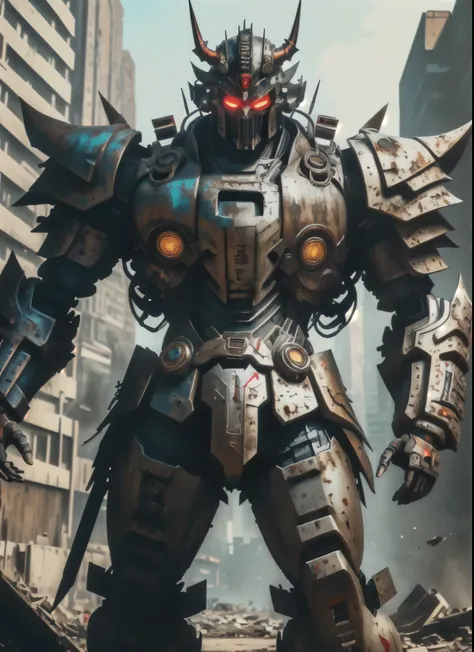 ((obra de arte, maximum quality, superdefinição, High definition)), ruined cyberpunk city, giant samurai robot with demon metal mask, menacing, samurai metal armor