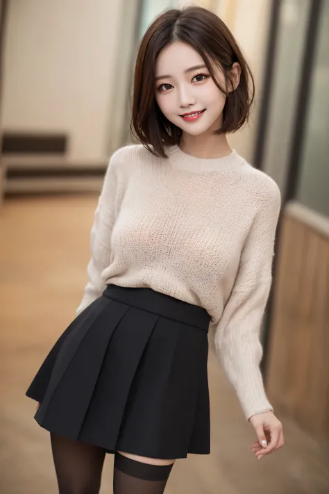 （8K、highest quality、highest quality、masterpiece、ultra high resolution、big 、carefully crafted face、beautiful fingers、beautiful hands、skin texture），whole body、idol sculpture、((short hair))、alone、beautiful double eyelids、smile、knit、black skirt、pantyhose、In to...