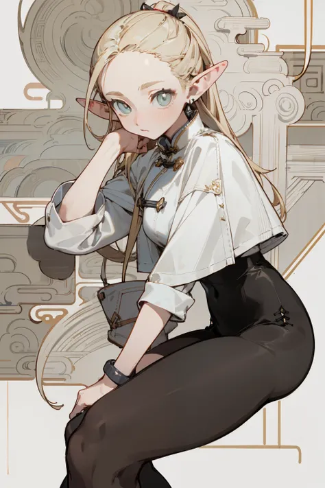 (masterpiece, best quality) detailed, Wearing black tights, silver accessories , The zipper is not closed , Blonde ,elegant, Pointed ears ，whole body，Chinese element pattern，thigh，漏出thigh，White shirt