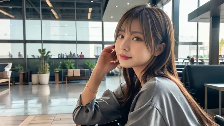 (highest quality、8K、32k、masterpiece、nffsw:1.2)、A Japanese actress waiting for her flight at an airport cafe terrace, Before leaving for overseas travel, Upper body, neat clothes, beauty salon model