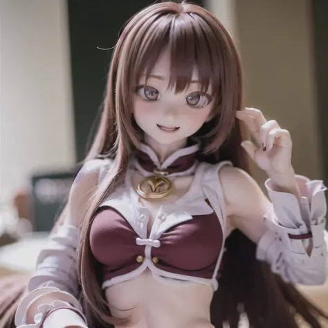 (highest quality,Super detailed,realistic:1.37),table top,expressive eyes,perfect face,laughter,closed mouth,brown long hair,beautiful skin,暁美ほむら まどか☆マギカ,((sexy underwear)),sexy pose