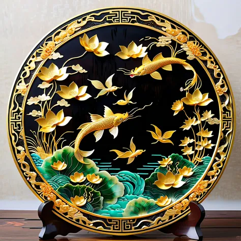 ((best quality)) , ((masterpiece)) , (detailed) ，(((Gold foil))),Chinese style, gold inlaid with jade plate carving lotus and carp decoration round flat wall hanging, golden yellow glittering Chinese dragon pattern, delicate carvings of fish swimming on th...