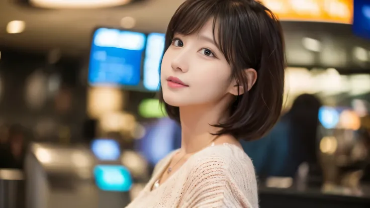 (highest quality、8K、32k、masterpiece、nffsw:1.2)、Photo taken at an airport cafe,　cute日本人女性の写真、very short bobbed hair、Upper body、surface focus、Extra Large_sweater、necklace、cafe background、Viewer search x4、(8K、Raw photo、highest quality、masterpiece:1.2)、(realis...