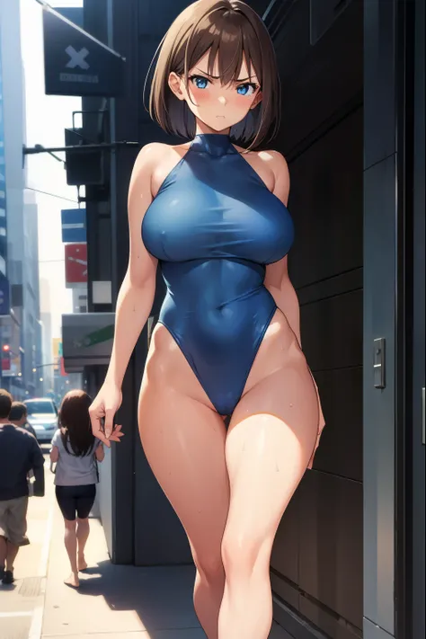 1 girl,Blue leotard,Super High Leg Cut,blue eyes,serious face,brown hair,bob hair,New York City,big breasts,blush,Sweat,barefoot,bare hands,diagonal,thin,walk,embarrassing,On Patrol,