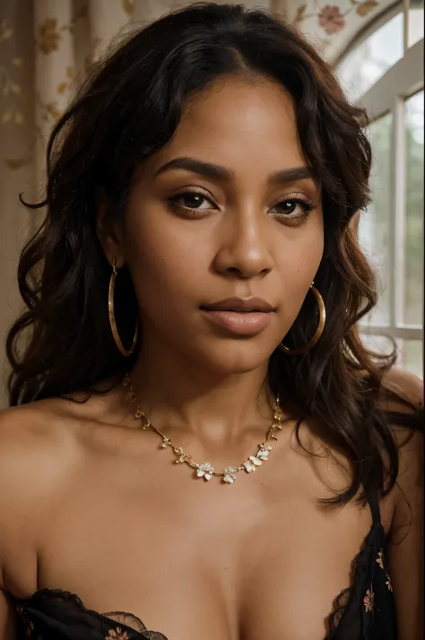 8K, RAW image, Mature black woman lying in bed, close-up, portrait, brown eyes, black curly hair, lot of jewellery, floral background, window in the background