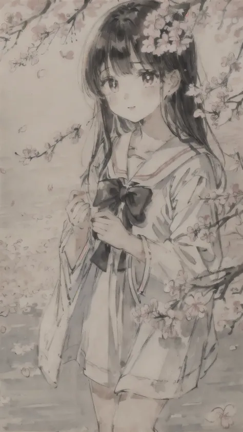 Antique paintings、girl in sailor suit、black hair、cherry blossoms、Petals fluttering、Sunlight shining