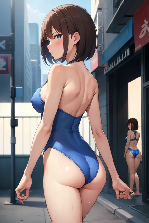 1 girl,Blue leotard,Super High Leg Cut,blue eyes,serious face,brown hair,bob hair,New York City,big breasts,blush,Sweat,barefoot,bare hands,diagonal,thin,walk,embarrassing,On Patrol,butt,back view,back