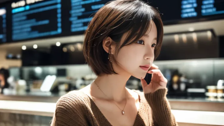 (highest quality、8K、32k、masterpiece、nffsw:1.2)、Photo taken at an airport cafe,　cute日本人女性の写真、very short bobbed hair、Upper body、surface focus、Extra Large_sweater、necklace、cafe background、Viewer search x4、(8K、Raw photo、highest quality、masterpiece:1.2)、(realis...