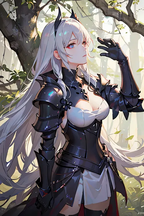 Seraphim Sakura, perfect eyes, (ultra realistic:1.5), (standing in the forest:1.2), (Close-up photo:1.5), (Black Paladin Armor:1.2), (complicated:1.2), (looking at camera:1.2), (best quality:1.2), 